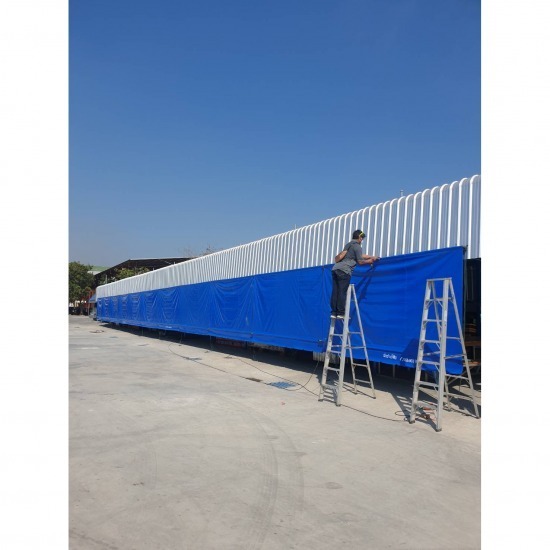 ผ้าใบชักรอกกันแดดกันฝน ลาดกระบัง หลังคากันสาดอัตโนมัติ หลังคาเลื่อนผ้าใบ หลังคากันสาด  ผ้าใบโครงสไลน์  เต็นท์  กันสาด  ผ้าใบ 